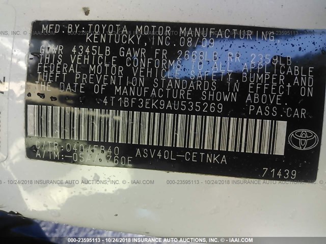 4T1BF3EK9AU535269 - 2010 TOYOTA CAMRY SE/LE/XLE WHITE photo 9