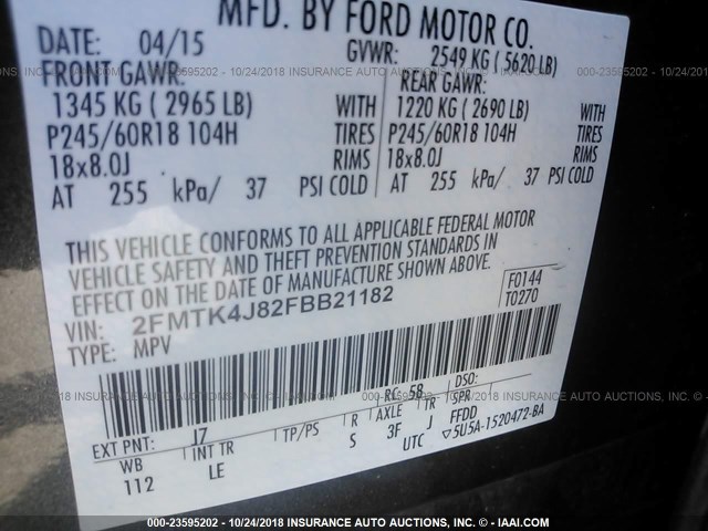 2FMTK4J82FBB21182 - 2015 FORD EDGE SEL GRAY photo 9