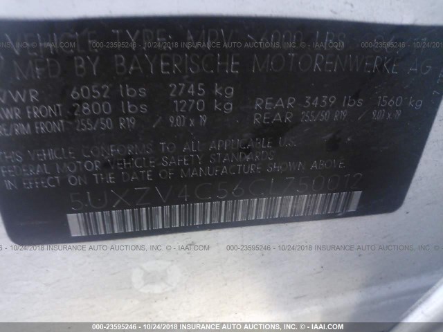 5UXZV4C56CL750012 - 2012 BMW X5 XDRIVE35I WHITE photo 9