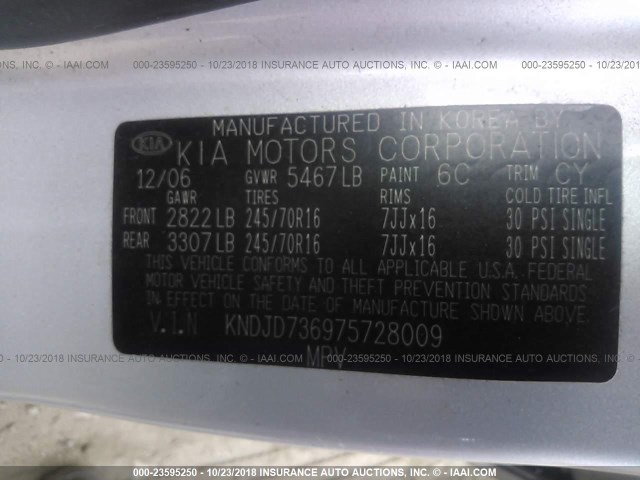 KNDJD736975728009 - 2007 KIA SORENTO EX/LX SILVER photo 9