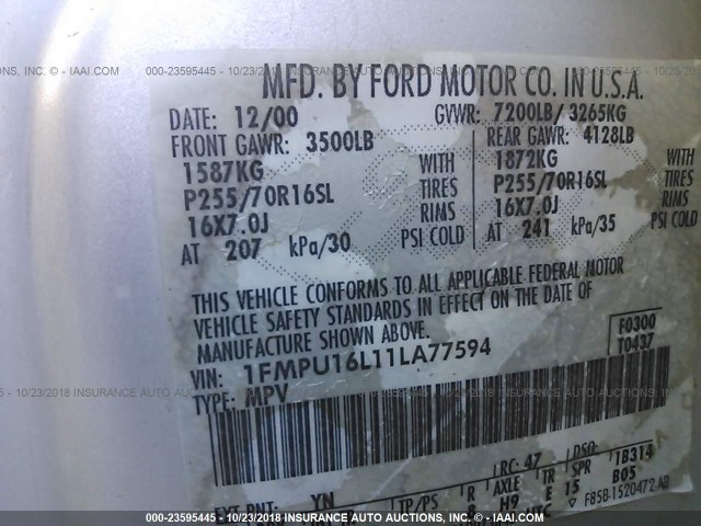 1FMPU16L11LA77594 - 2001 FORD EXPEDITION XLT SILVER photo 9