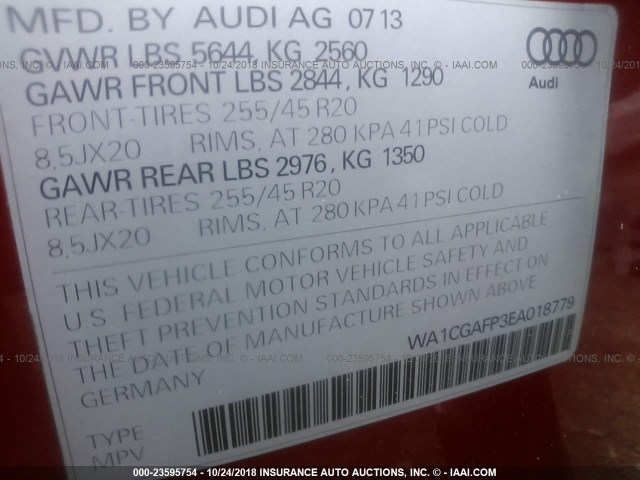 WA1CGAFP3EA018779 - 2014 AUDI SQ5 PREMIUM PLUS ORANGE photo 9