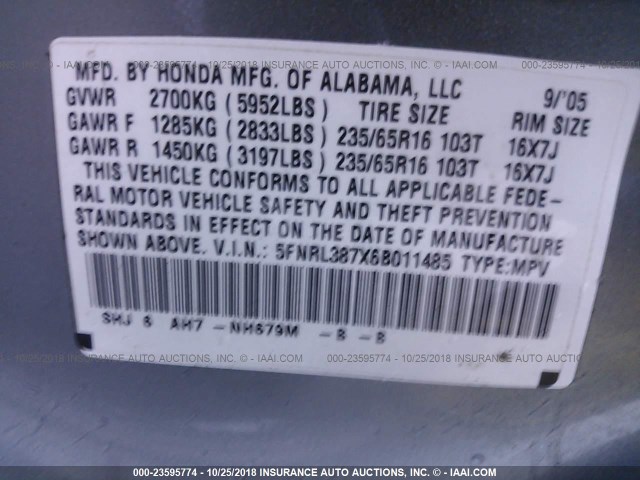 5FNRL387X6B011485 - 2006 HONDA ODYSSEY EXL BLUE photo 9