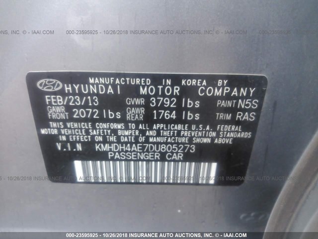 KMHDH4AE7DU805273 - 2013 HYUNDAI ELANTRA GLS/LIMITED SILVER photo 9