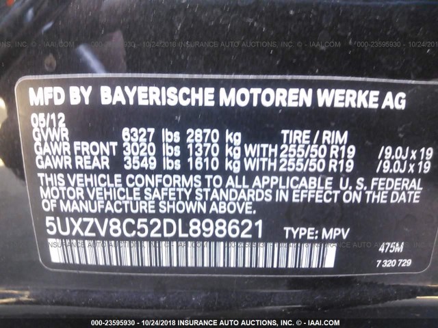 5UXZV8C52DL898621 - 2013 BMW X5 XDRIVE50I BLACK photo 9