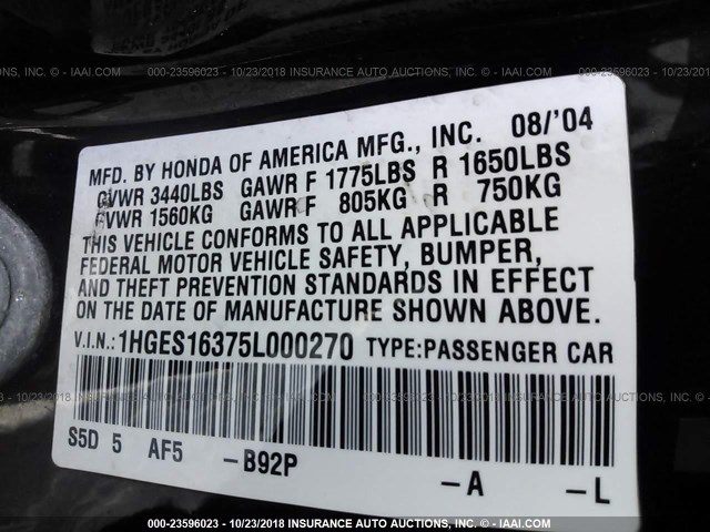 1HGES16375L000270 - 2005 HONDA CIVIC DX VP BLACK photo 9