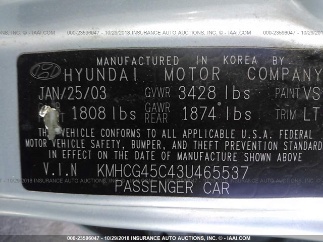 KMHCG45C43U465537 - 2003 HYUNDAI ACCENT GL SILVER photo 9