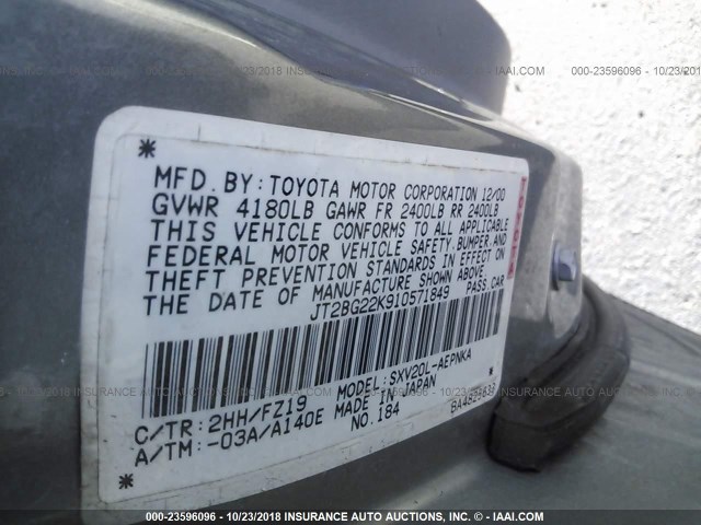 JT2BG22K910571849 - 2001 TOYOTA CAMRY CE/LE/XLE SILVER photo 9