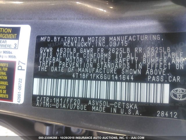 4T1BF1FK6GU141644 - 2016 TOYOTA CAMRY LE/XLE/SE/XSE GRAY photo 9