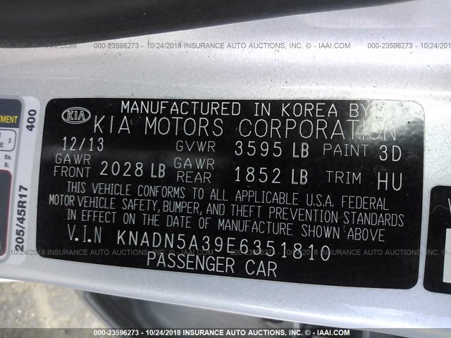 KNADN5A39E6351810 - 2014 KIA RIO EX SILVER photo 9