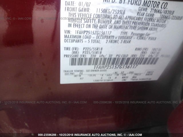 1FAHP25157G156117 - 2007 FORD FIVE HUNDRED LIMITED RED photo 9