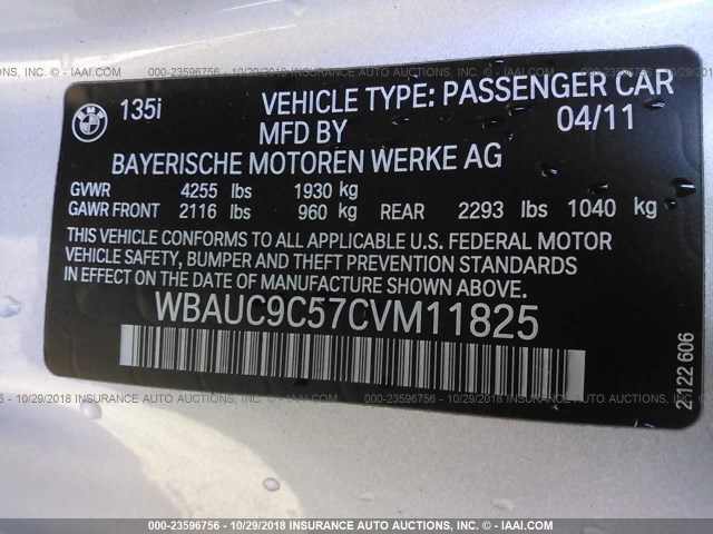 WBAUC9C57CVM11825 - 2012 BMW 135 I SILVER photo 9