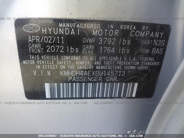 KMHDH4AEXBU145713 - 2011 HYUNDAI ELANTRA GLS/LIMITED SILVER photo 9
