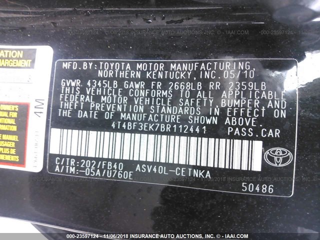 4T4BF3EK7BR112441 - 2011 TOYOTA CAMRY SE/LE/XLE 黑色 照片 9