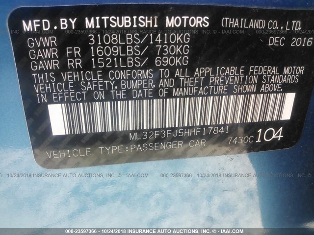 ML32F3FJ5HHF17841 - 2017 MITSUBISHI MIRAGE G4 ES ლურჯი ფოტო 9