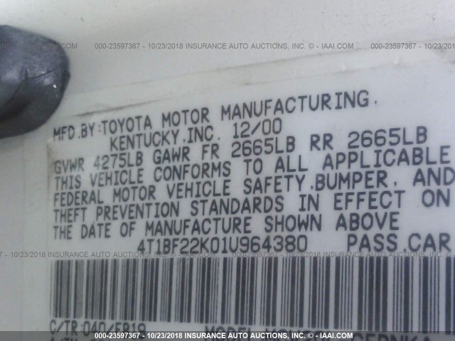 4T1BF22K01U964380 - 2001 TOYOTA CAMRY LE/XLE 白色 照片 9