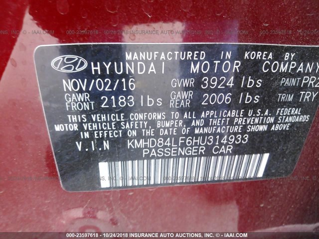 KMHD84LF6HU314933 - 2017 HYUNDAI ELANTRA SE/VALUE/LIMITED RED photo 9