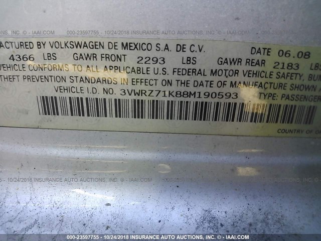 3VWRZ71K88M190593 - 2008 VOLKSWAGEN JETTA SE/SEL SILVER photo 9