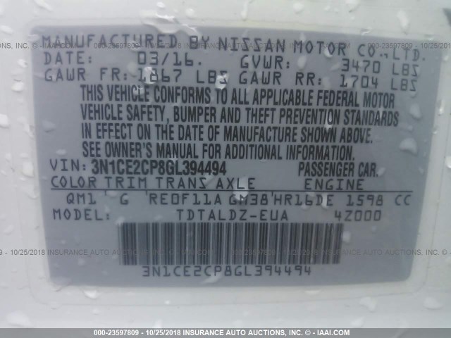 3N1CE2CP8GL394494 - 2016 NISSAN VERSA NOTE S/S PLUS/SV/SL/SR WHITE photo 9