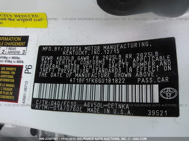 4T1BF1FK6GU181822 - 2016 TOYOTA CAMRY LE/XLE/SE/XSE WHITE photo 9