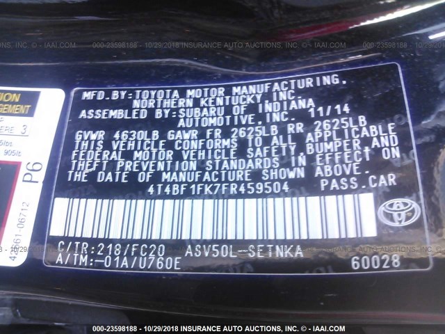 4T4BF1FK7FR459504 - 2015 TOYOTA CAMRY LE/XLE/SE/XSE BLACK photo 9