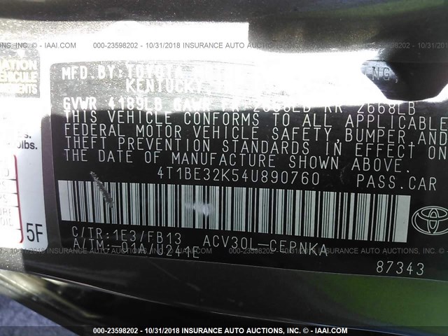 4T1BE32K54U890760 - 2004 TOYOTA CAMRY LE/XLE/SE GRAY photo 9