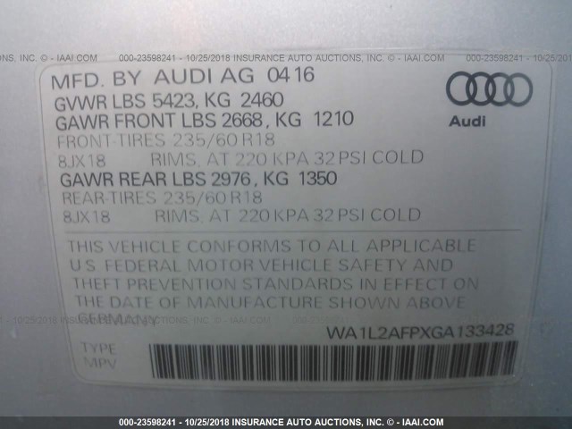 WA1L2AFPXGA133428 - 2016 AUDI Q5 PREMIUM PLUS SILVER photo 9