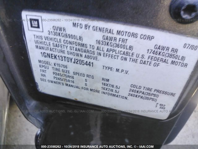 1GNEK13T0YJ205441 - 2000 CHEVROLET TAHOE K1500 GRAY photo 9