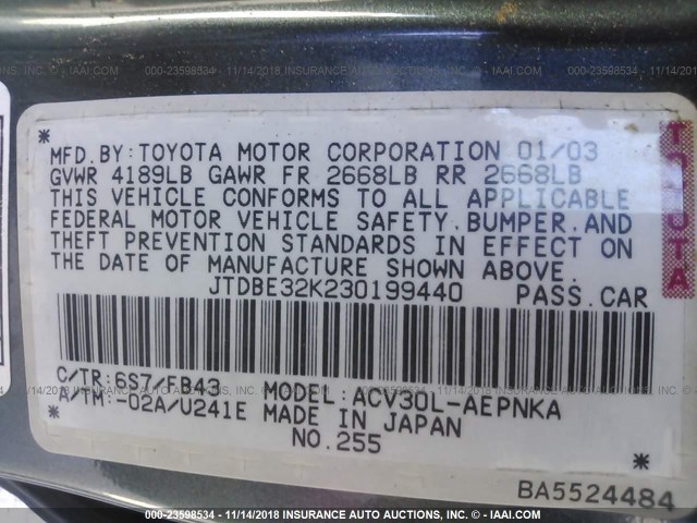 JTDBE32K230199440 - 2003 TOYOTA CAMRY LE/XLE GREEN photo 9