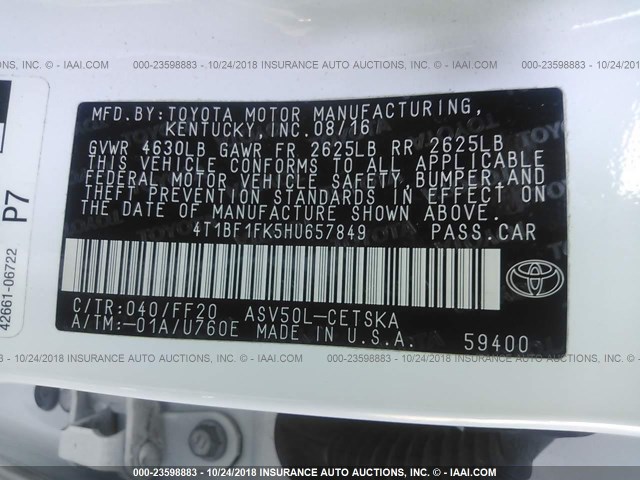 4T1BF1FK5HU657849 - 2017 TOYOTA CAMRY LE/XLE/SE/XSE WHITE photo 9