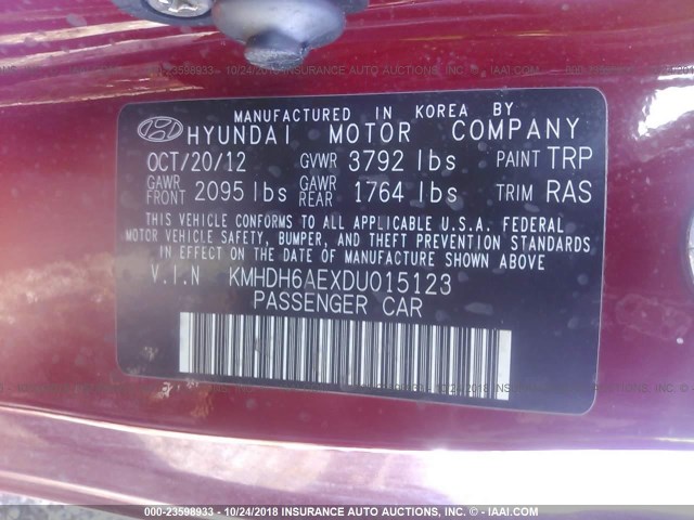 KMHDH6AEXDU015123 - 2013 HYUNDAI ELANTRA COUPE GS/SE RED photo 9