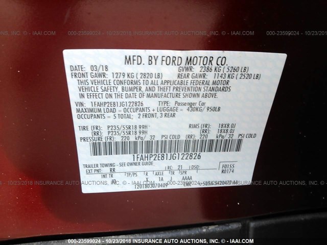 1FAHP2E81JG122826 - 2018 FORD TAURUS SEL RED photo 9