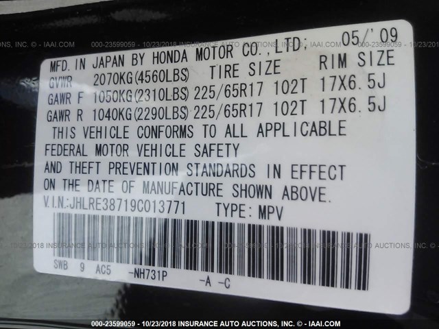 JHLRE38719C013771 - 2009 HONDA CR-V EXL BLACK photo 9