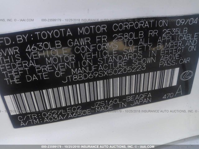 JT8BD69SX50205223 - 2005 LEXUS GS 300 WHITE photo 9