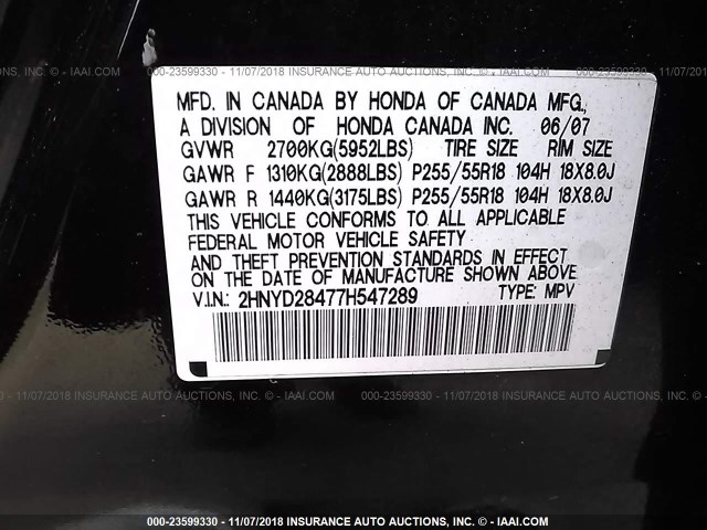 2HNYD28477H547289 - 2007 ACURA MDX TECHNOLOGY BLACK photo 9