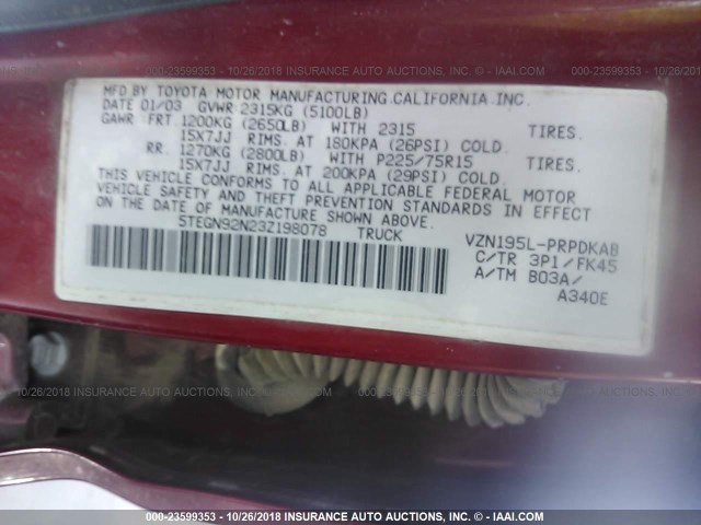 5TEGN92N23Z198078 - 2003 TOYOTA TACOMA DOUBLE CAB PRERUNNER RED photo 9