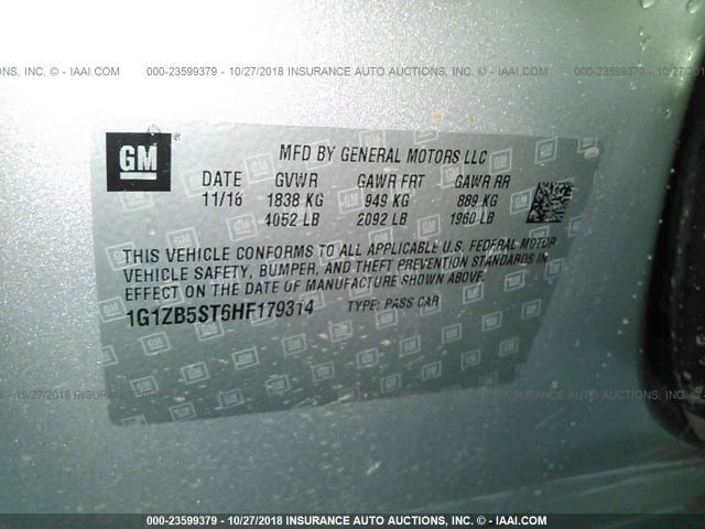 1G1ZB5ST6HF179314 - 2017 CHEVROLET MALIBU LS SILVER photo 9