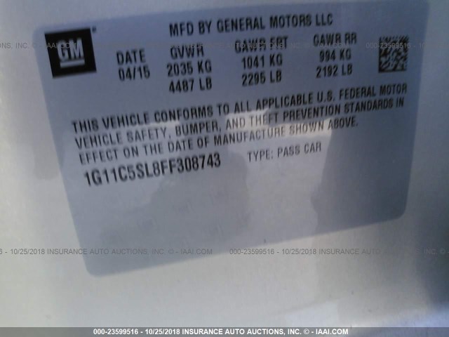 1G11C5SL8FF308743 - 2015 CHEVROLET MALIBU 1LT 米色 照片 9