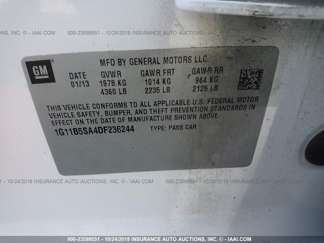 1G11B5SA4DF236244 - 2013 CHEVROLET MALIBU LS WHITE photo 9