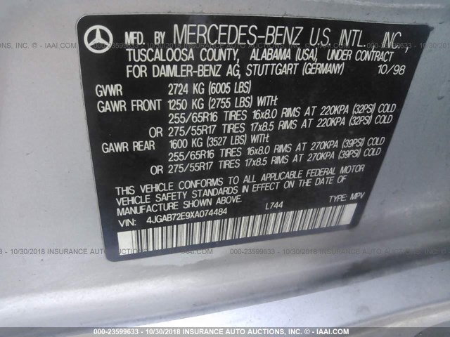 4JGAB72E9XA074484 - 1999 MERCEDES-BENZ ML 430 银色 照片 9