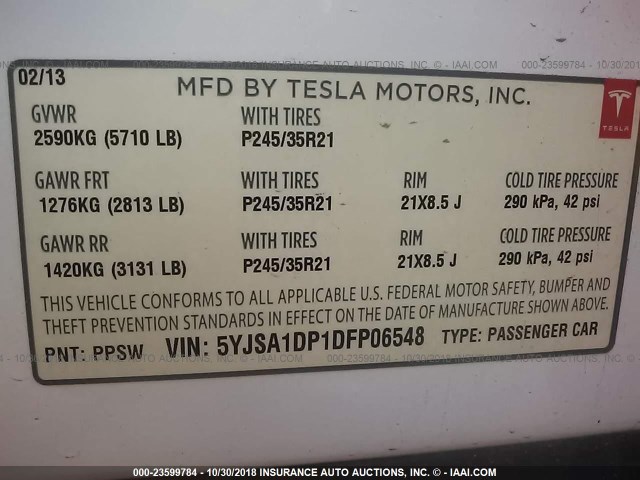 5YJSA1DP1DFP06548 - 2013 TESLA MODEL S WHITE photo 9