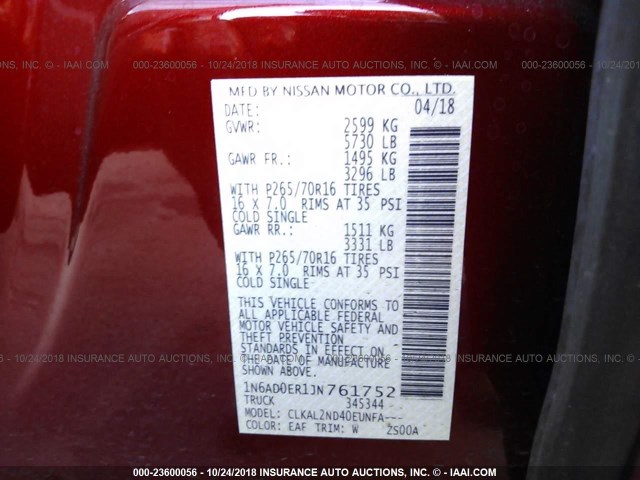 1N6AD0ER1JN761752 - 2018 NISSAN FRONTIER S/SV/SL/PRO-4X RED photo 9