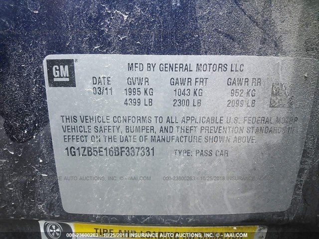 1G1ZB5E16BF337331 - 2011 CHEVROLET MALIBU LS 蓝色 照片 9