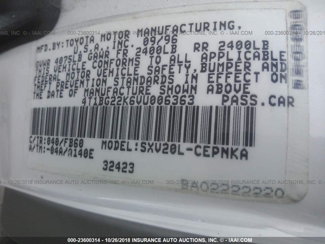 4T1BG22K6VU006363 - 1997 TOYOTA CAMRY CE/LE/XLE WHITE photo 9