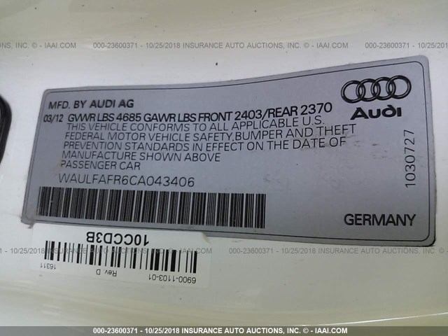 WAULFAFR6CA043406 - 2012 AUDI A5 PREMIUM PLUS WHITE photo 9