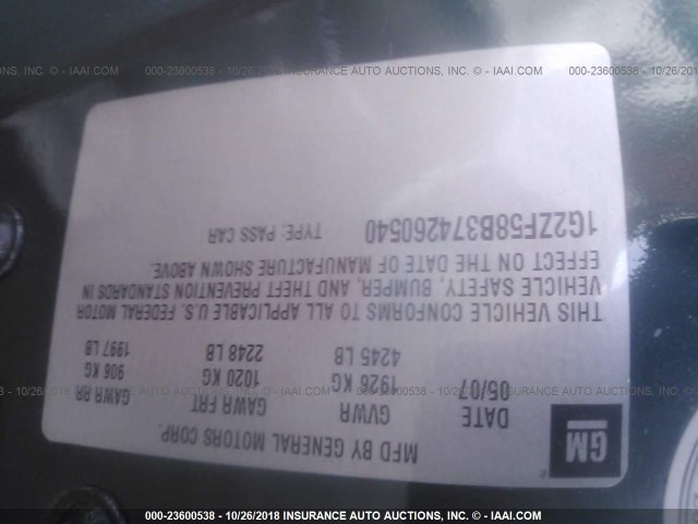 1G2ZF58B374260540 - 2007 PONTIAC G6 VALUE LEADER/BASE GREEN photo 9