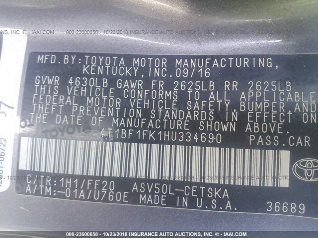 4T1BF1FK1HU334690 - 2017 TOYOTA CAMRY LE/XLE/SE/XSE GRAY photo 9