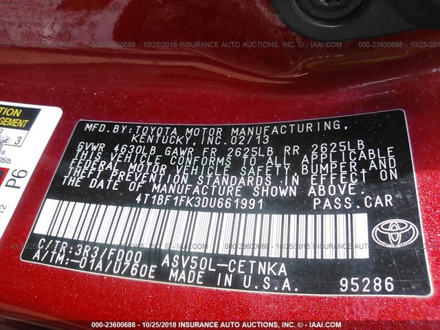 4T1BF1FK3DU661991 - 2013 TOYOTA CAMRY L/SE/LE/XLE Qırmızı foto 9