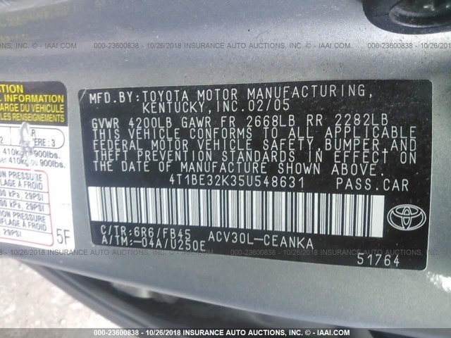 4T1BE32K35U548631 - 2005 TOYOTA CAMRY LE/XLE/SE Күміс фото 9