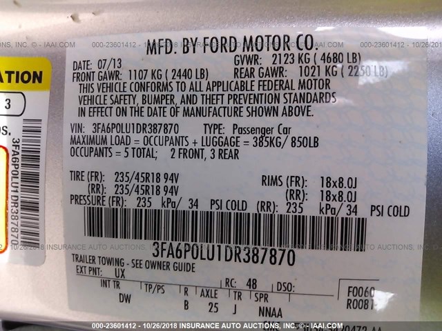 3FA6P0LU1DR387870 - 2013 FORD FUSION SE HYBRID SILVER photo 9